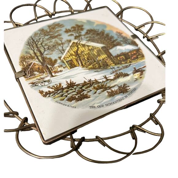 Vintage Currier and Ives The Old Homestead in Winter Tile wall art Stamped - Picture 5 of 5